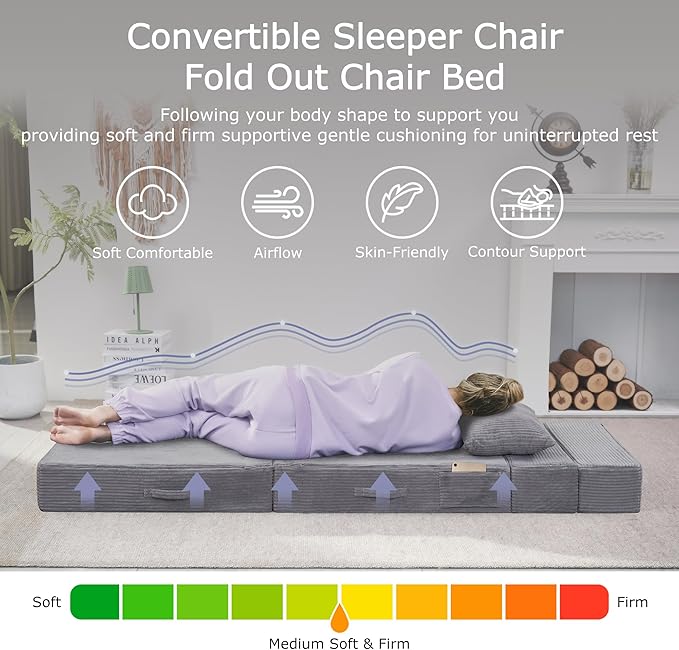 Folding Sofa Bed, 4 in 1 Convertible Sleeper Chair with Pillow, Single Memory Foam Fold Out Chair Bed, Modern Floor Futon Sofa Couch Mattress for Living Room/Guest/Apartment, Light Gray