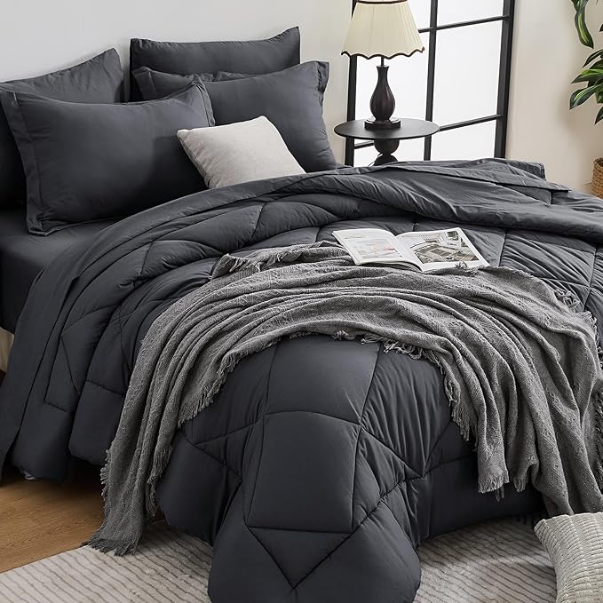 HEVUMYI Twin-XL Comforter Set - 5-Piece All Season Bed in a Bag Twin-XL, Ultra Soft Bedding Set with Comforter, Flat Sheet, Fitted Sheet, Pillowcases, Pillow Shams, Dark Grey