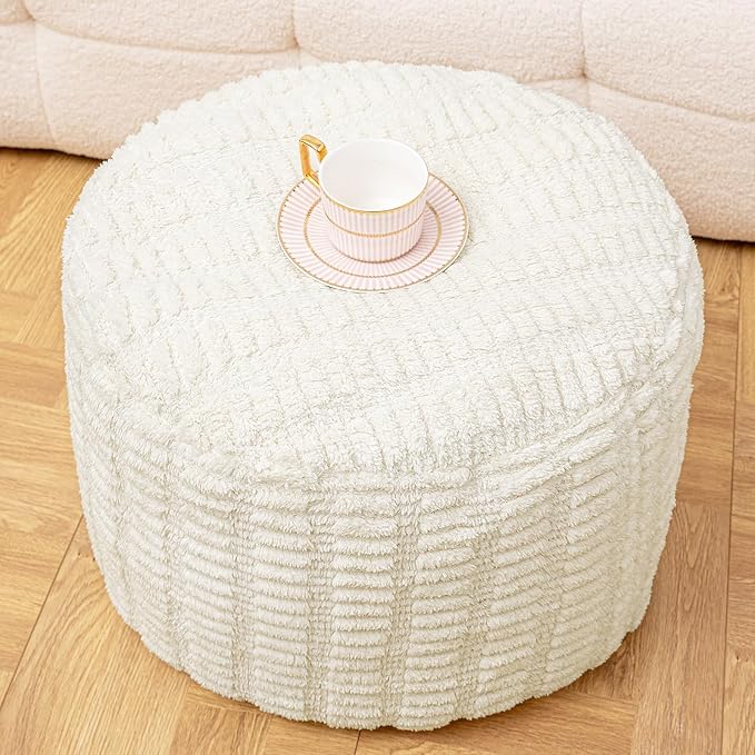 Handmade Unstuffed Ottoman Pouf Cover – Versatile Storage Footstool & Floor Pouf for Living Room, Bedroom, or Wedding Decor | 20" Diameter x 14" Height | Filler Not Included (Cream)