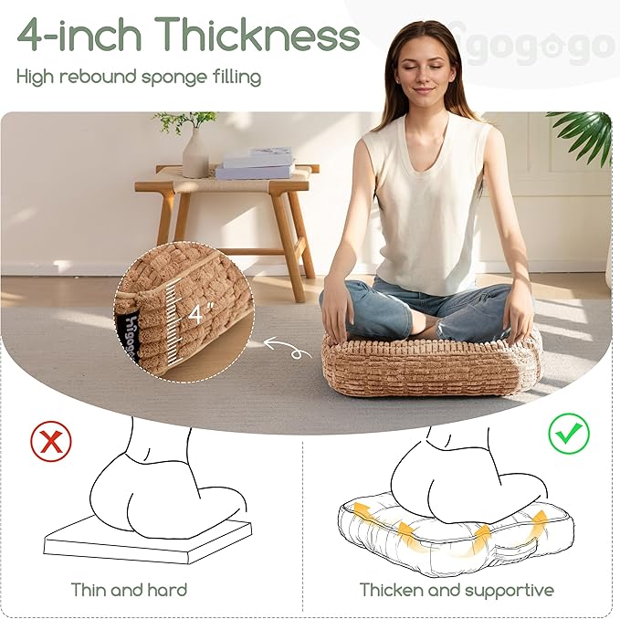 Washable Floor Pillow Cushion for Adults, Meditation Cushion Pillow, Removable Tufted Blended Corduroy Cover, Large Square Floor Sitting for Tatami Living Room or Yoga, 22x22 Inch, Machine Washable