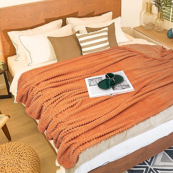 DISSA Fleece Blanket Twin Size – 60x80, Orange – Soft, Plush, Fluffy, Fuzzy, Warm, Cozy – Perfect Throw for Couch, Bed, Sofa - with Pompom Fringe - Flannel Blanket Throw Blanket