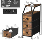 Tohomeor Narrow Dresser Tall Skinny Storage Tower Vertical Slim Chest of Drawers with Charging Station Small Nightstand Side Table for Bedroom, Bathroom, Small Spaces (Rustic Brown, 3 Drawers)