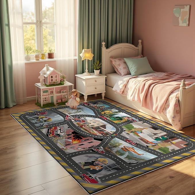 4x6ft Kids Fire Department Missions Play Rug,Non-Slip Faux Wool Carpet with Interactive Fire Department Missions Design for Playroom, Bedroom, Nursery Gift