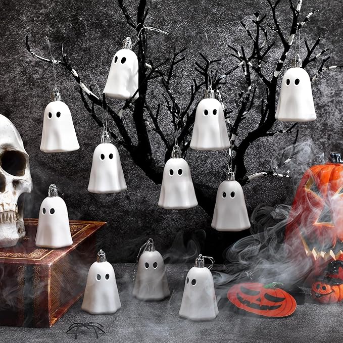 JULMELON 24Pcs Halloween Hanging Ornaments White Ghost Decorations Halloween Tree Decoration Mini Ghost Ornaments for Home Party Decor