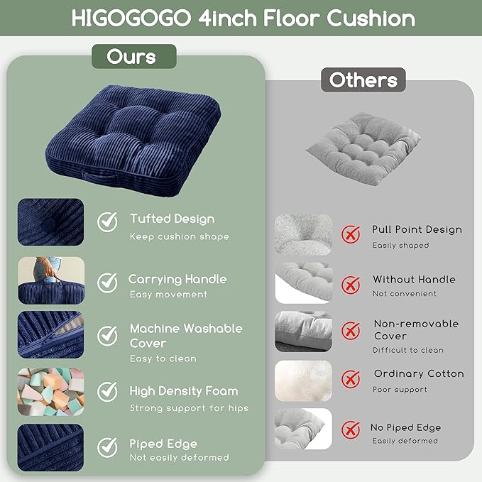 HIGOGOGO Washable Floor Pillow Cushion for Adults, Meditation Cushion Pillow, Large Square Floor Sitting, Removable Tufted Corduroy Cover, for Tatami Living Room or Yoga, 22x22 Inch, Machine Washable