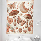 Ambesonne Mandala Tapestry Twin Size, Medieval Witchcore Art Mushroom Butterfly and Crescent with Leafy Details, Wall Hanging Bedspread Bed Cover Wall Decor, 68" X 88", Dark Salmon Eggshell