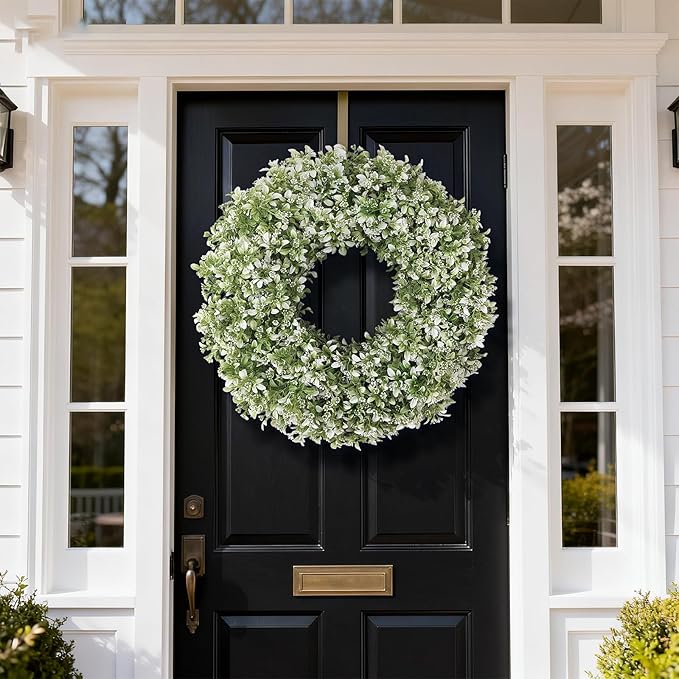 26" Artificial Boxwood Wreath for Front Door - Large Faux Aglaia Odorata Wreath, Fake Eucalyptus Leaves Plants for Wall Window Farmhouse Outdoor Decor - Spring, Summer, All Seasons (White-Green)