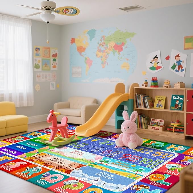 8x10 Kids Rug for Classroom & Playroom - ABC Alphabet Educational Area Rug with Animals Numbers & Colors - Non-Slip Carpet Playmat for Nursery Preschool Elementary