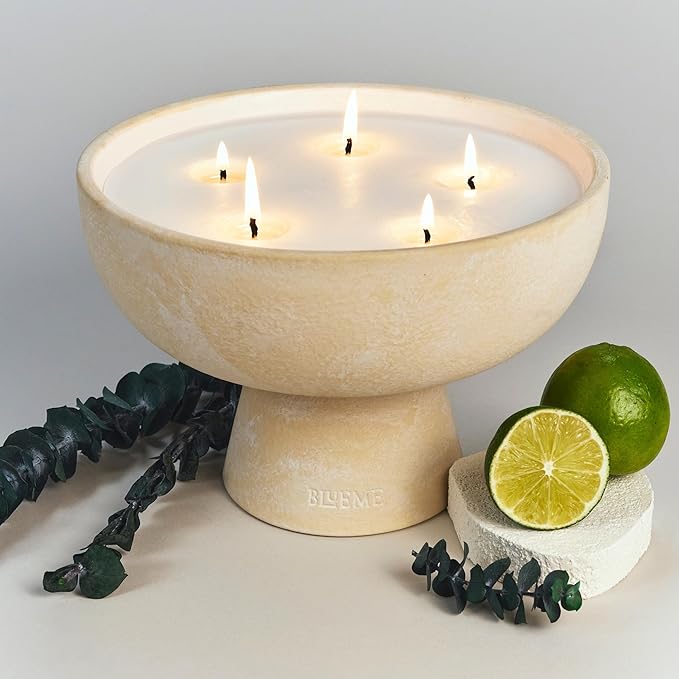 Blueme Focus Candle | Eucalyptus & Lime | 5 Wick - Refillable Wellness Candle with Essential Oils, Hand Finished & Poured Soy Wax Blend Ceramic Vessel, Natural Cotton Wicks | Giant 45 oz