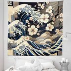 Ambesonne Anime Tapestry Queen Size, Ukiyo-e Style Cultural Art Design with Squama Scales Waves Cherry Blossoms, Wall Hanging Bedspread Bed Cover Wall Decor, 88" X 88", Taupe Beige Dark Blue