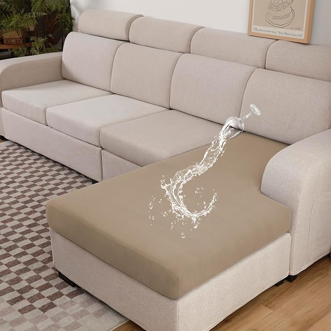 100% Waterproof Couch Cushion Covers L Shaped Chaise Cover, Stretch Seat Covers for Sectional Sofa, Reversible Couch Sofa Protector Covers for Kids Pets (Chaise Cover, Sand)