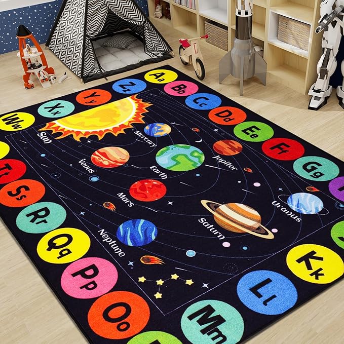 Kids Rug Outer Space Carpet for Playroom, ABC Educational Learning Area Rug, Non-Slip Solar System Road Play Play Rug for Kids Bedrooms, Classroom, Nursery Room Decor (Black, 78.7X59 INCH)