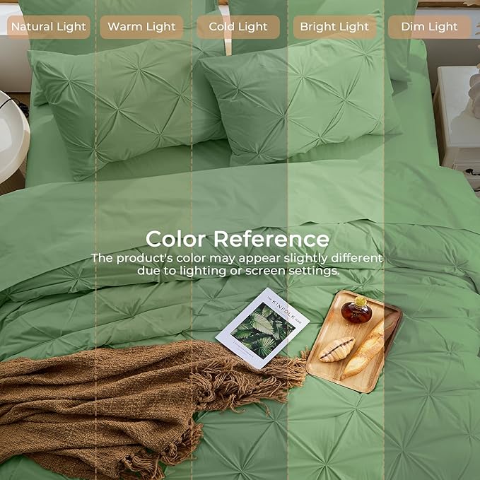 Sasttie Twin XL Comforter Set, 5-Piece Bed in a Bag, Pintuck Bedding Sets for All Season, Includes Comforter, Flat Sheet, Fitted Sheet, Pillowcase and Pillowsham, Green