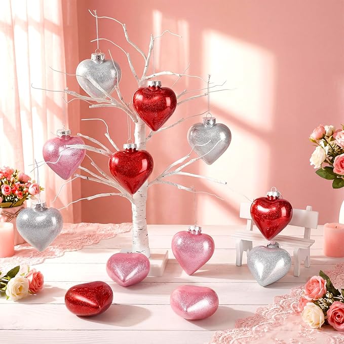 Civaner 24 Pcs Large Valentine's Day Heart Shaped Ornaments Outdoor, Glitter Heart Shaped Baubles with Pre-Strung Wire, Romantic Home Hanging Decorations for Valentine Tree (Red Pink Silver)