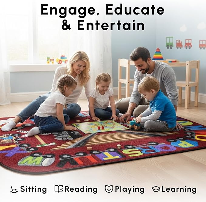 SAFECASTLE Alphabet Express Kids Educational Area Rug – 4'4" x 5'6" – Colorful Train ABC Learning Carpet for Playroom, Classroom, Daycare, Preschool, or Nursery – Durable Machine-Tufted Nylon Rug