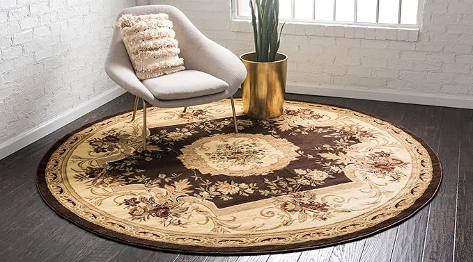 Rugs.com Chateau Collection Rug – 8 Ft Round Brown Medium Rug Perfect for Kitchens, Dining Rooms