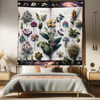 Ambesonne Botanic Tapestry Queen Size, Wildflowers on an Open Vintage Book with Galactic Milky Way Swirls, Wall Hanging Bedspread Bed Cover Wall Decor, 88" X 88", Forest Green and Multicolor