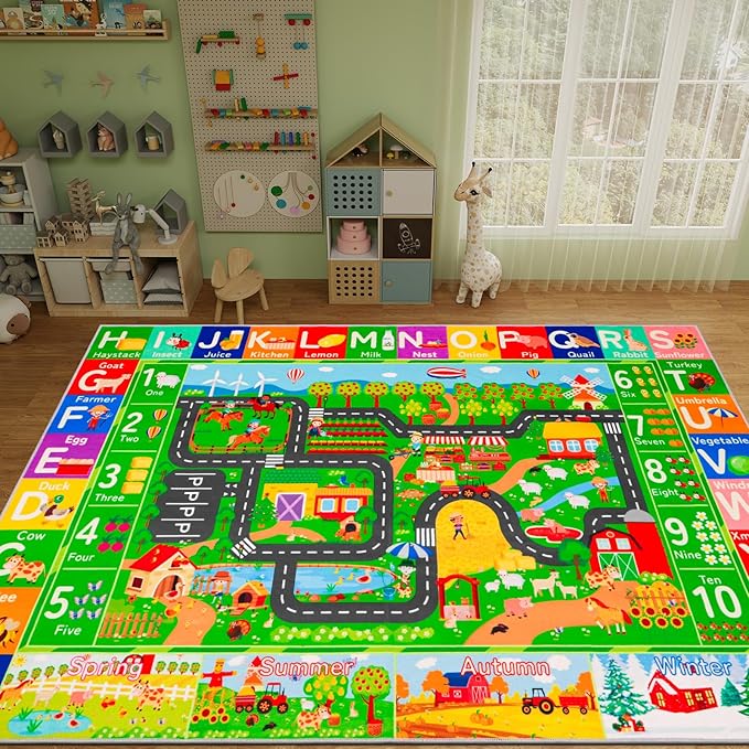 Kids Rugs for Toy Cars Playroom 110"×78.7" ABC Farm Life Road Traffic Kids Car Road Rugs Village Map Play Mat for Toddlers Boys Room Family Tummy Time Playtime Learning Carpet