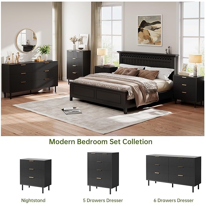 GarveeHome Black Wave Fluted 6 Drawer Dresser, Wide Wood Double Dresser with Metal Legs and Handles, Modern Chest of Drawers with Anti-Tipping Design for Bedroom Living Room Hallway