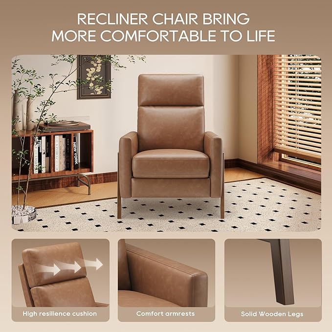 COLAMY Push Back Recliner Chair, Upholstered Leather Recliner with Footrest 118-150 Degree Adjustable, Comfy Modern Wingback Recliner for Living Room, Bedroom,Small Spaces,Cocoa