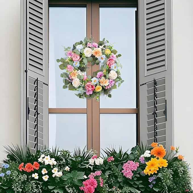 Spring Wreaths for Front Door,Summer Wreath with Peony Rose and Dahlia Flowers,24 Inch Floral Door Wreath for All Seasons Outside Outdoor Indoor Wall Wedding Holiday Home Decor