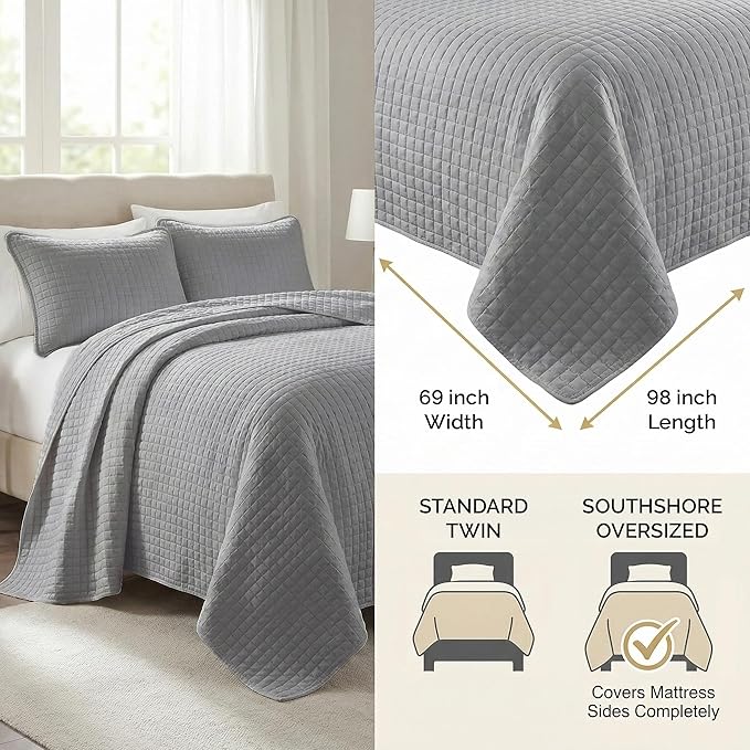 Southshore Fine Living, Inc. Twin XL Comforter Quilt Bedding Set, Dorm Room Bedding Essentials, Stain Resistant, Machine Washable Bedspread Twin XL Grey Quilt Bed Spread with Pillow Sham, Steel Grey