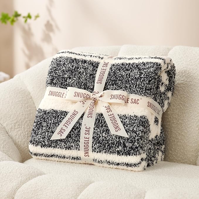Snuggle Sac Stripe Black Throw Blanket for Couch, Reversible Super Soft Warm Blankets Cozy Knit Fuzzy Plush Lightweight Throws for Sofa, Bed, Stripe Black, 50x60 inches