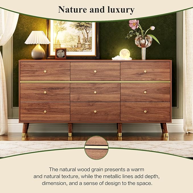 9 Drawer Dresser,63" Wide Mid Century Modern Chest of Drawers,Wooden Bedroom Drawer Dresser with 9 Storage Drawers for Bedroom, Living Room,with Anti-Tipping Device,Chestnut