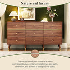 9 Drawer Dresser,63" Wide Mid Century Modern Chest of Drawers,Wooden Bedroom Drawer Dresser with 9 Storage Drawers for Bedroom, Living Room,with Anti-Tipping Device,Chestnut