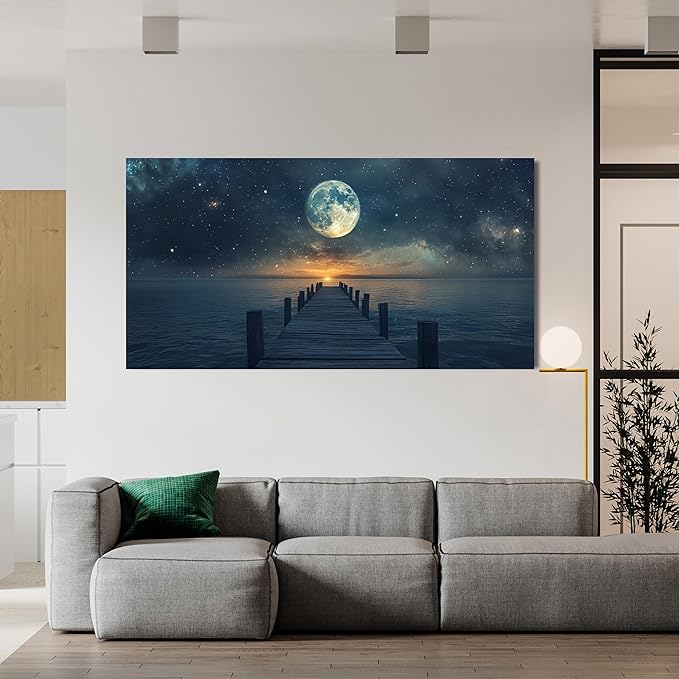 Canvas Wall Art Decor Modern Wall Art Pictures for Living Room Landscape Coastal Wall Art Artwork for Walls Natural Blue Wall Decor Art Prints Star Moon Art Work for Home Office Wall Decor 20" x 40"