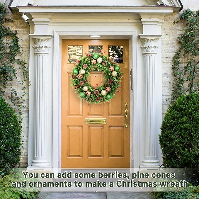 Vlorart 20-Inch Boxwood Wreath, Artificial Boxwood Wreath Front Door Wreaths Artificial Spring Summer Greenery Hanging with A Plaid Bowand Sash for Front Door Wall Hanging
