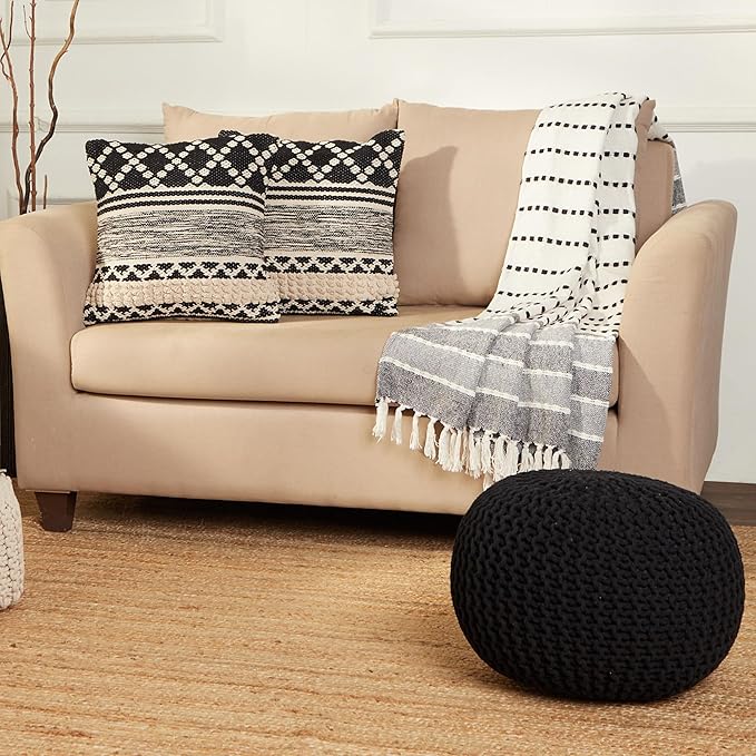 REDEARTH · Round Pouf Ottoman - Hand Knitted Cable Boho Poof Home Décor Pouffe Circular Footrest for Living Room - Nursery - Bedroom - Lounge 100% Cotton (19.5"x19.5"x14") - Black, Set of 2