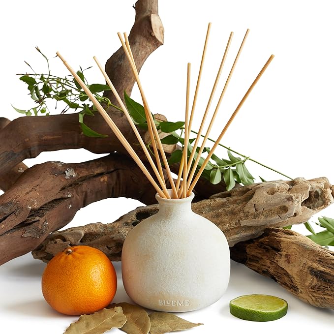 Blueme Nostalgia Diffuser | Bergamot & Musk | 5.92 Fl Oz - Refillable Wellness Diffuser, Contains Essential Oil, Sustainable, Hand Finished, Premium, Luxury Ceramic, Natural Rattan Reeds, | Small