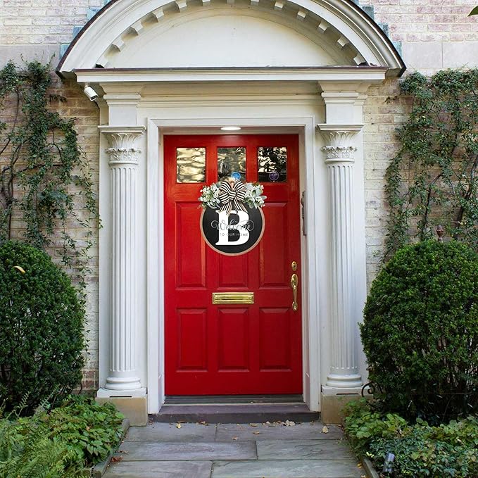 Circular Surname Front Door Welcome Sign - 26 Letter House Wreath, Front Porch Decorations, Year-Round Home Decor (B)