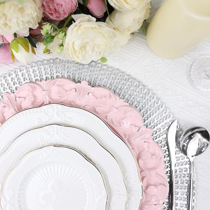 13" Pink Charger Plates, Set of 6 Plastic Textured Chargers for Dinner Plates with Embossed Rim, Table Décor, Party, Wedding, Holiday