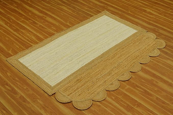 Scalloped Edge Rug, Hand Woven Natural Jute Area Rug, 3x5 Ft Beige & Brown Braided Sisal Kilim Rugs for Living Room, Kitchen, Entryway, Farmhouse