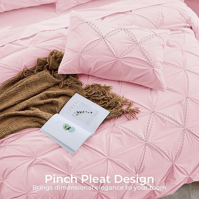 Sasttie King Size Comforter Set, 7-Piece Bed in a Bag, Pintuck Bedding Sets for All Season, Includes Comforter, Flat Sheet, Fitted Sheet, Pillowcases and Pillowshams, Baby Pink