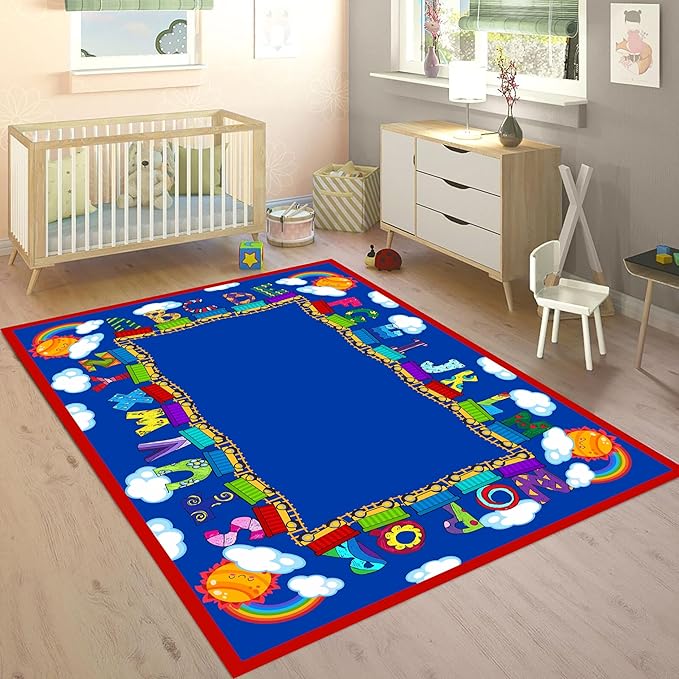 Train Play Rug 5x6ft for Kids - Educational Adventure Carpet with Tracks, Animals & Clouds, Low Pile Washable, Non-Slip Nursery Classroom Playroom Rug