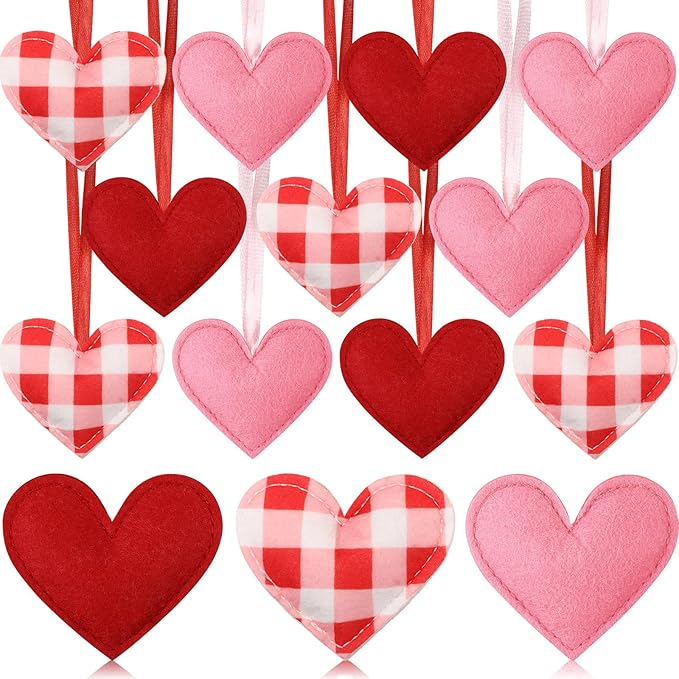 Syhood 12 Pcs Valentine's Day Felt Heart Ornaments Hanging Tree Decor for Wedding, Anniversary, Christmas Party Supplies, Winter Home Decorations(Pink and Red,Elegant Style)