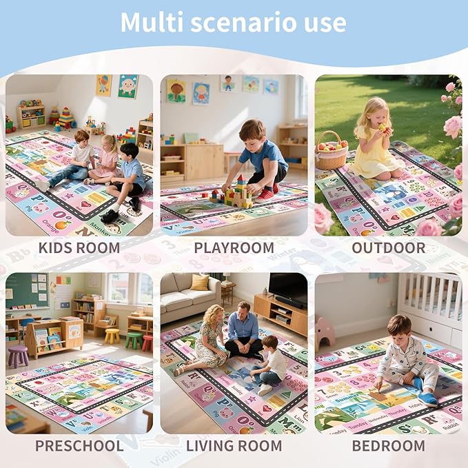Kids ABC Rug for Playroom, Classroom Alphabet Area Carpet Playmat,Washable Toddler Mat for Baby Room,Play Room,Bedroom,Floor,Nursery (Pink,9'x12')