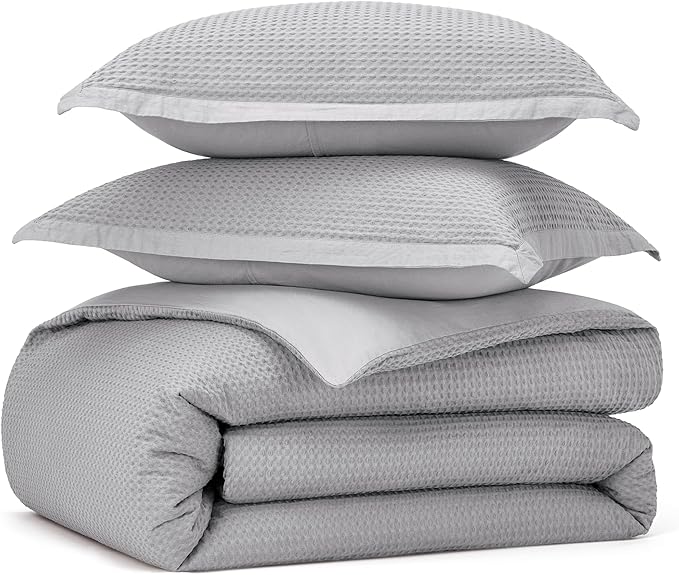 Bedsure Cotton Duvet Cover Set - 100% Cotton Waffle Weave Grey Duvet Cover California King Size, GentleSoft™ and Breathable Cal King Bedding Set for All Season, 3 Pieces, 104"x98"