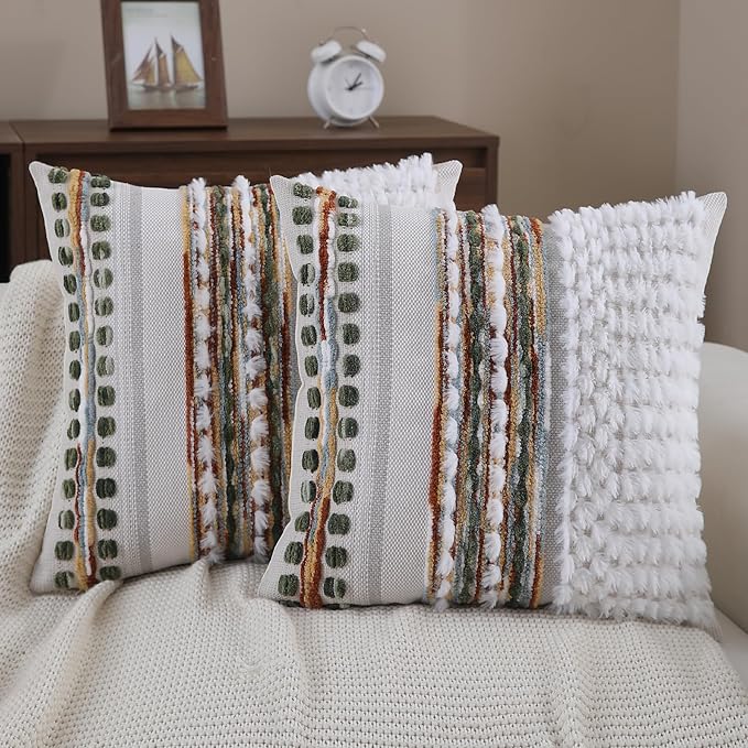 Boho Throw Pillow Covers 18x18 Set of 2 Farmhouse Decorative Couch Pillow Covers Neutral Accent Throw Pillows Covers Striped Outdoor Cushion Covers Square Textured Chenille Pillow Cases for Sofa Bed
