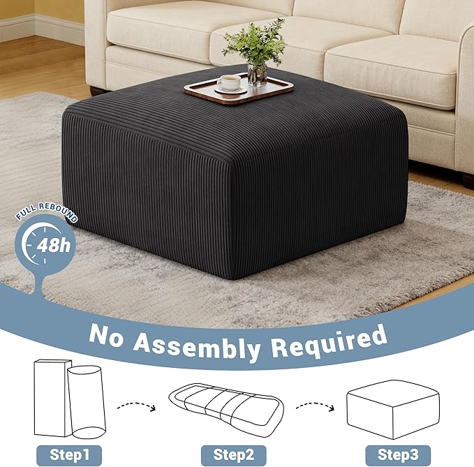 40" Square Stuffed Ottoman Pouf for Sofa Couch, Corduroy Poufs with Foam Chunk Filling, Furry & Fluffy Pouf Foot Stool Movable Ottoman. 40*40 Floor Poufs Foot Rest for Living Room, Black(1 Piece Set)