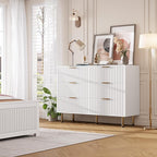 GarveeHome White 6 Drawer Dresser for Bedroom, Fluted 47.2 in Wide Modern Chest of Drawers with Deep Drawers, Long Large Double Dresser TV Stand for Living Room, Hallway, Kids Room