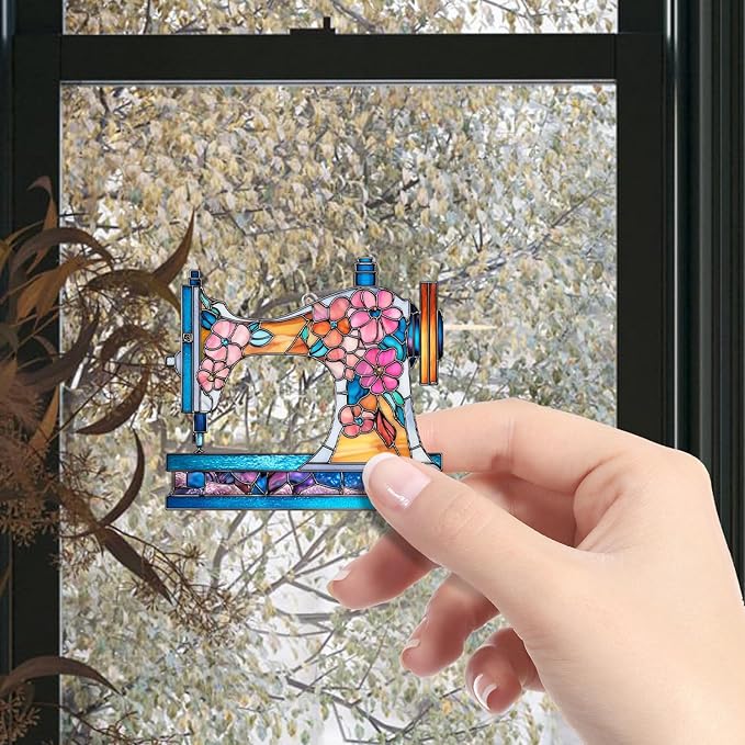 Sewing Machine Stained Glass Style Ornament, Acrylic Window Hanging Suncatcher Decoration, Colorful Vintage Sewing Machine with Floral Decor for Christmas Tree, Craft Room or Home, Gift for Women Mom