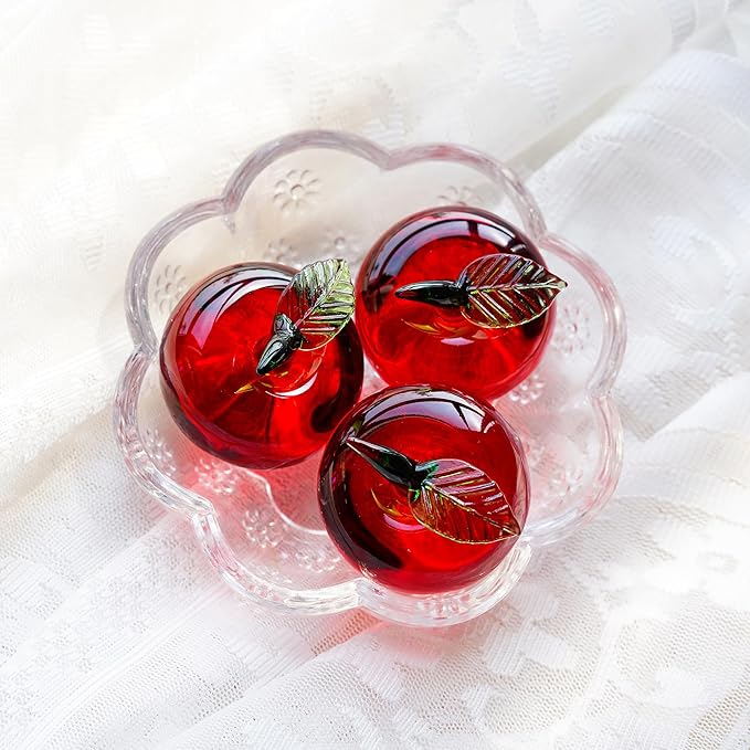 Hand Blown Glass Red Apple Figurine Crystal Fruits Collectibles Apples Art Ornament Decoration for Home Office Kitchen Gift for Women