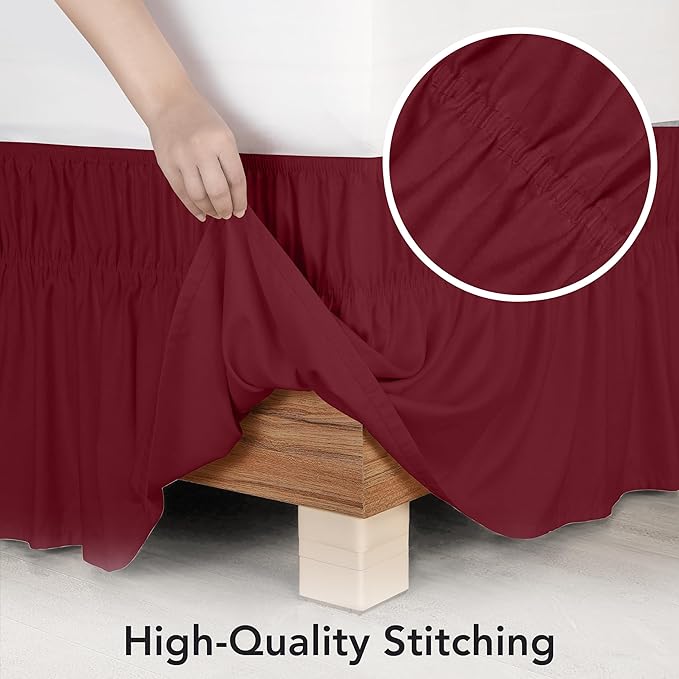 Utopia Bedding King Elastic Bed Ruffle - Easy Wrap Around Ruffle - Microfiber Bed Skirt with Adjustable Elastic Belt 16 Inch Tailored Drop - Hotel Quality Bedskirt, Fade Resistant (King, Burgundy)
