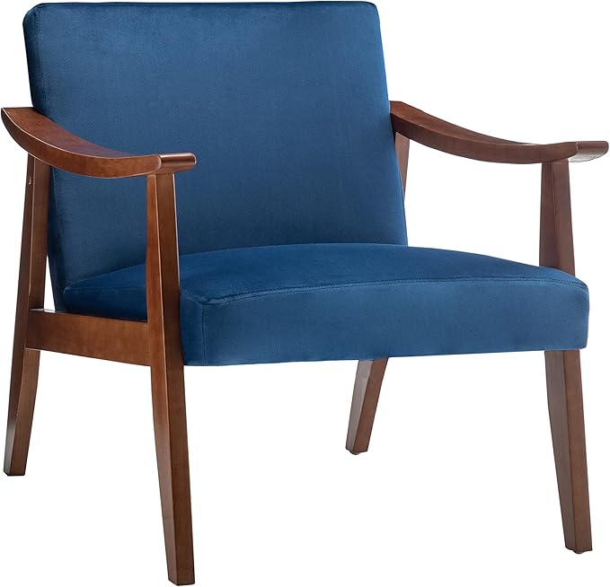 Accent Chair with Velvet Upholstery and Solid Wood Frame, Classic Mid-Century Modern Living Room Furniture for Extra Seating, Dark Blue