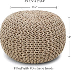 REDEARTH · Round Pouf Ottoman - Hand Knitted Cable Boho Poof Home Décor Pouffe Circular Footrest for Living Room - Nursery - Bedroom - Lounge 100% Cotton (19.5"x19.5"x14") - Beige Ivory, Set of 2