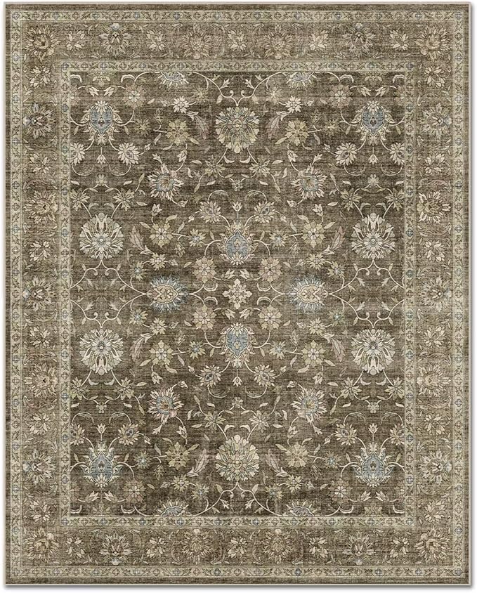 Washable 9x12 Area Rugs for Living Room, Boho Non-Slip Vintage Distress Lager Rugs for Bedroom Dining Room Nursery Office, 0.3" Neutral Oriental Throw Thin Carpet, Tan/Flaxen/Multi